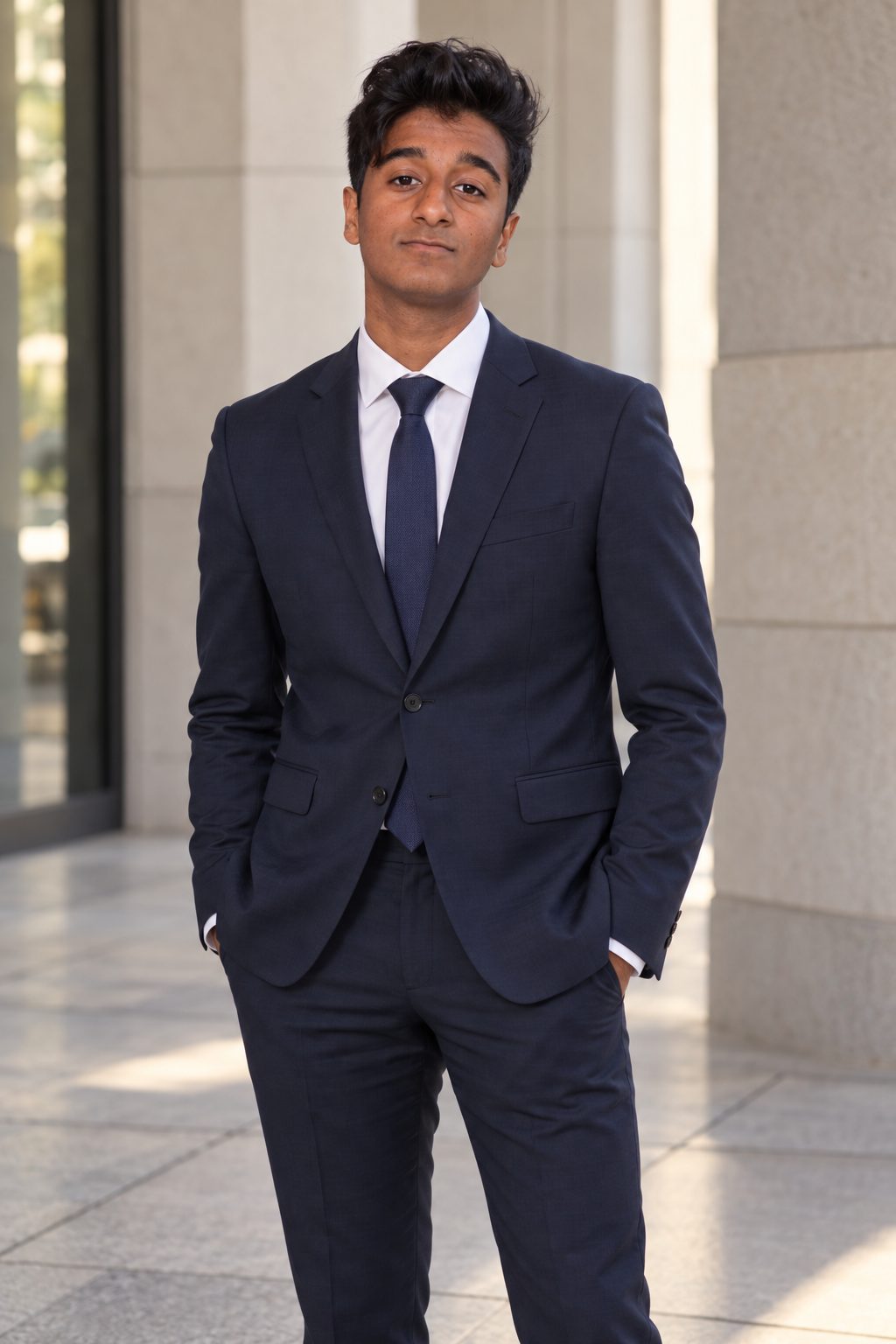 Rohit Ravi in a navy suit, standing between stone columns.