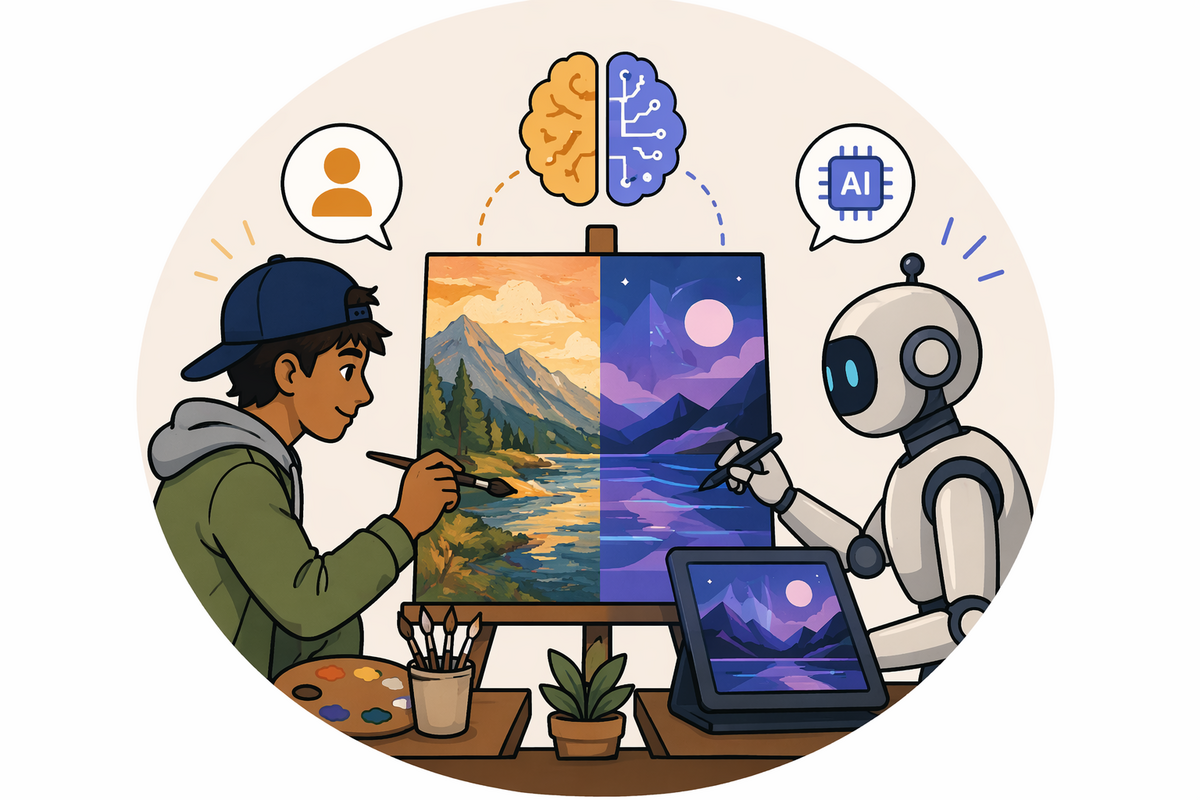 Illustration of a human painter and an AI robot painting the same scene — Rohit Ravi's AI vs. Human Art classifier project