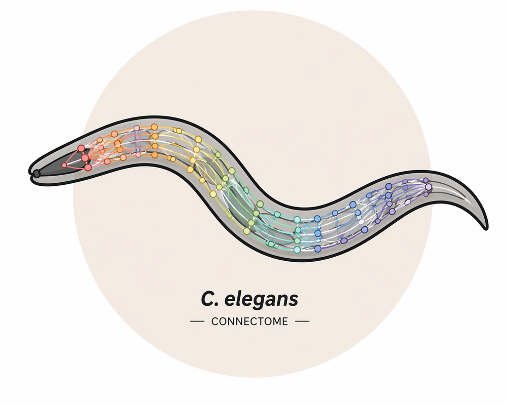 Illustrated C. elegans worm with colored neural-network overlay — Rohit Ravi's connectomics + transcriptomics project