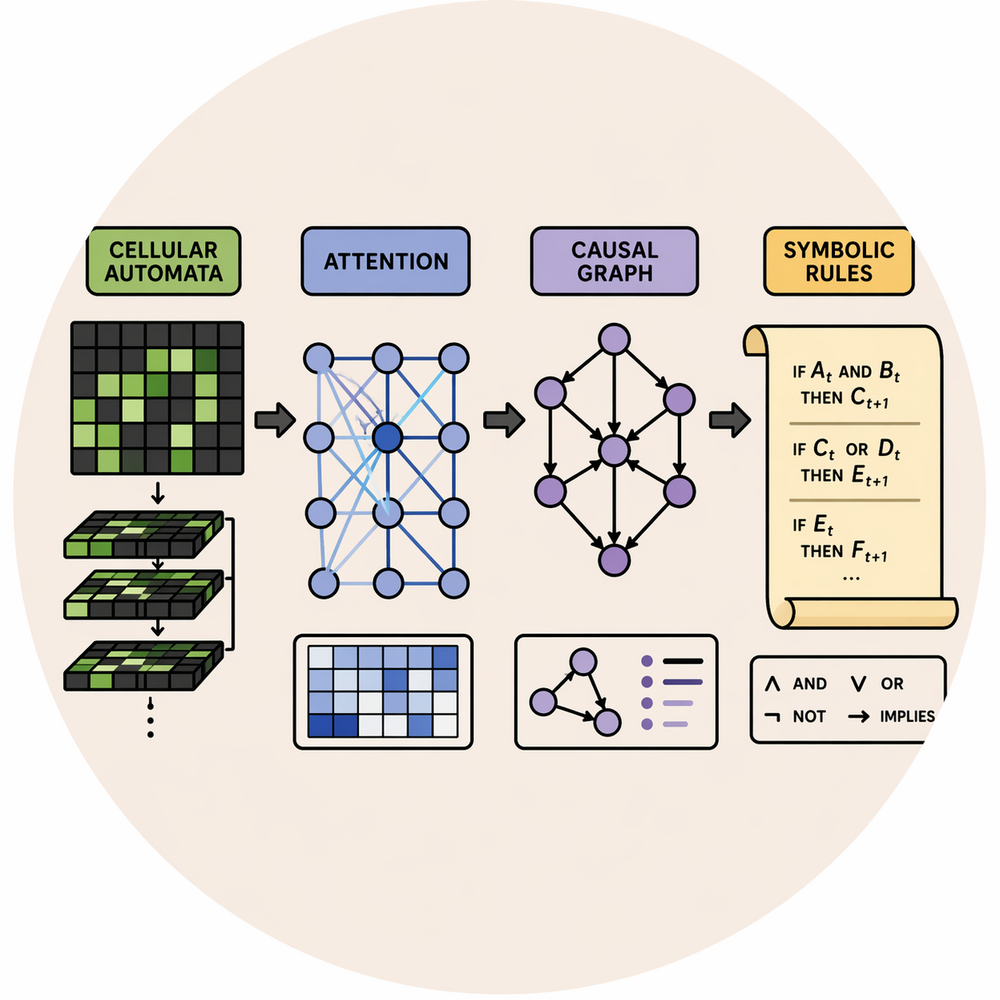 Pipeline diagram: Cellular Automata → Attention → Causal Graph → Symbolic Rules — architecture of Rohit Ravi's Hybrid Symbolic Discovery Engine