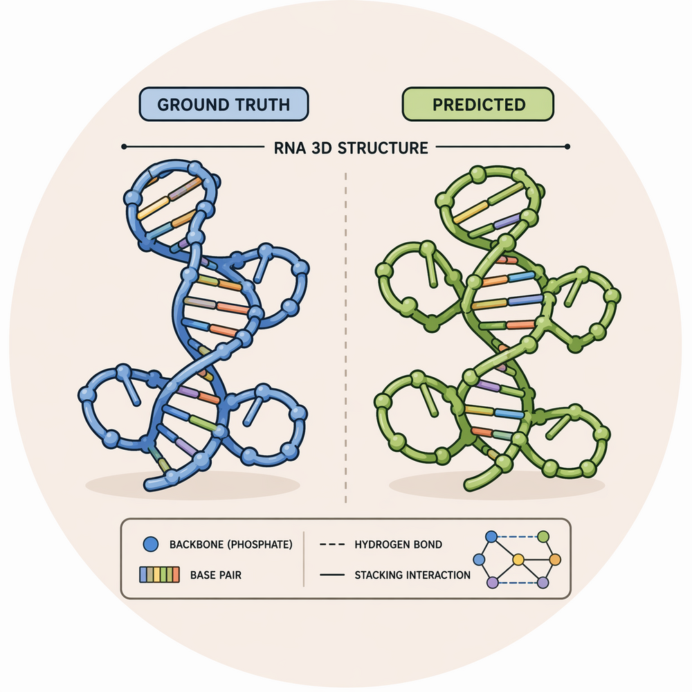 Side-by-side illustration of ground-truth and predicted RNA 3D tertiary structures with a base-pair / hydrogen-bond legend — Rohit Ravi's Stanford RNA 3D Folding entry